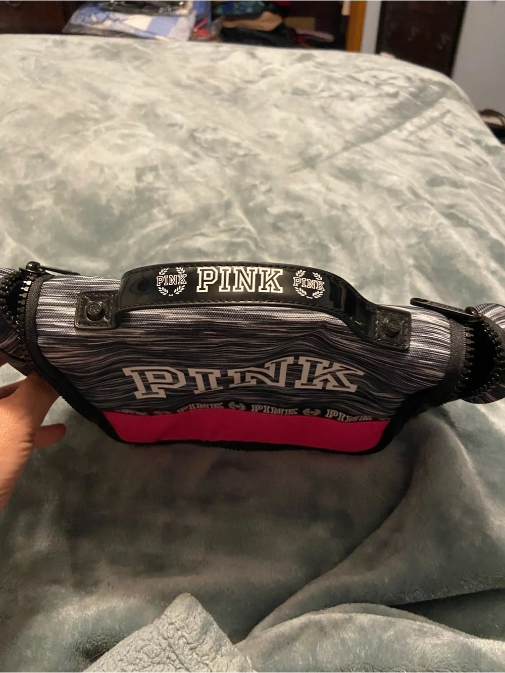 Victoria's Secret PINK Gray Striped and Hot Pink Travel Cosmetic Case